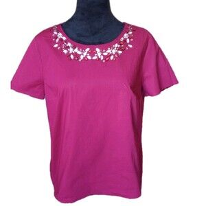 J. Crew Women's 4 Burgundy Short Sleeve Blouse With Rhinestones Around Neck